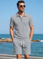 Men's Zip Textured Polo Shirt and Shorts Set